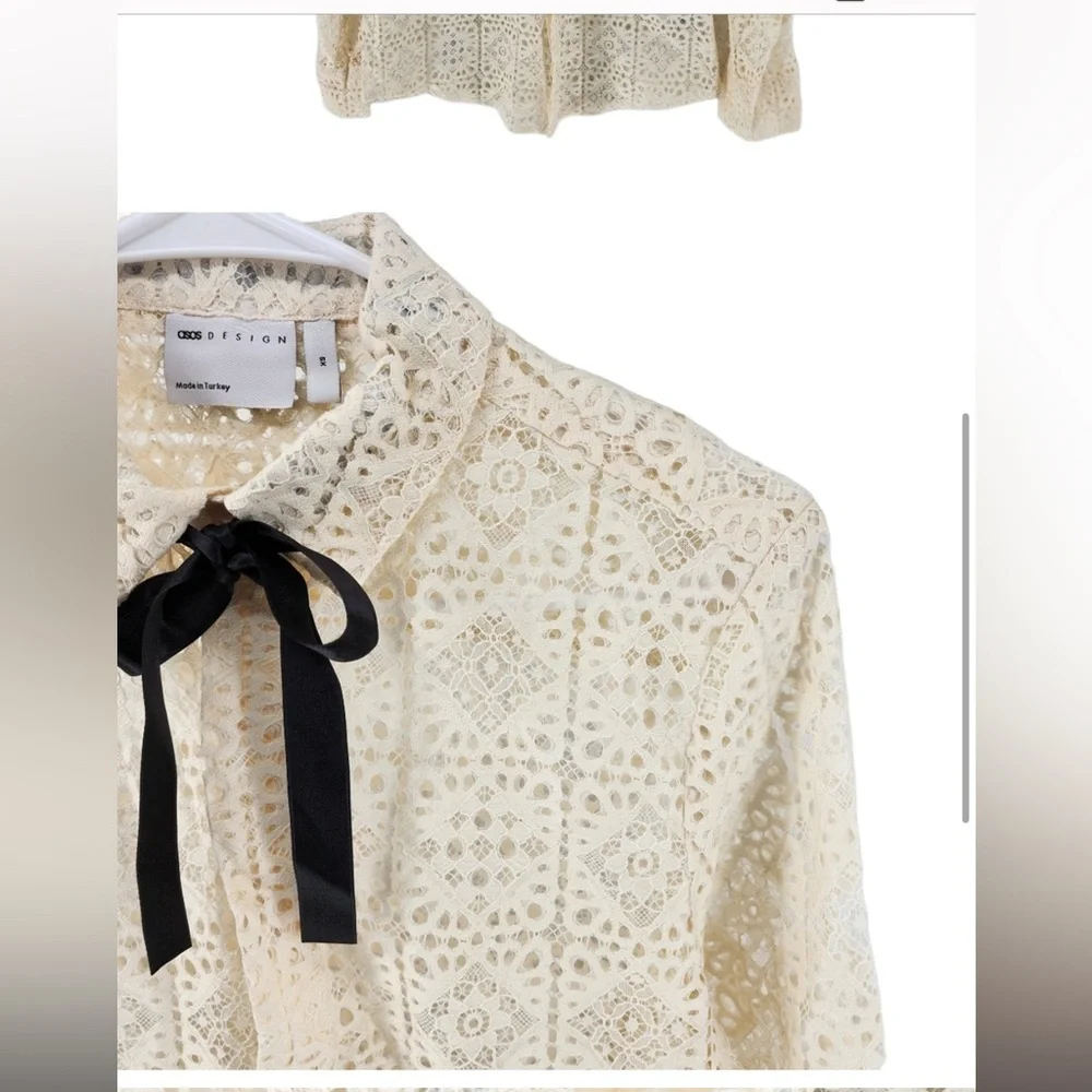 Unisex ASOS Lace Buttondown Shirt Longsleeve Cream Eyelet w/ Ribbon Neck Tie XS - Picture 1 of 7